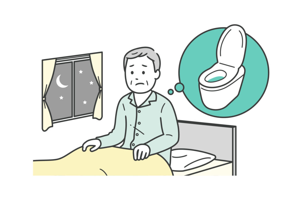 睡眠中に尿意を覚えストレスを感じる夜間頻尿に悩む高齢男性のイラスト